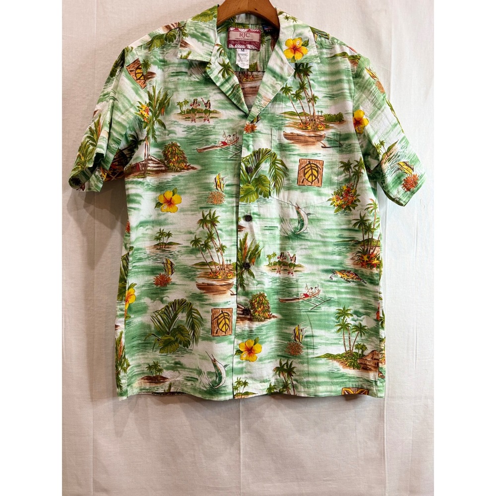 RJC Hawaiian Shirt Mens Medium Green Scenic Hula Canoe Made in Hawaii USA - Picture 5 of 9